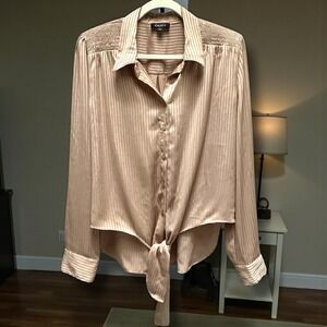 GiGIO USA Women's‎ Size L Striped Satin Tie Front Blouse Shirt Rose Gold